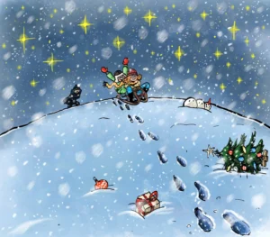 Kreslený plakát dětí na saních